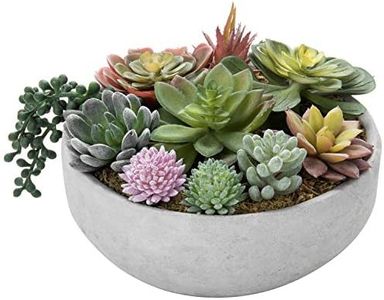 MyGift 8 Inch Round Modern Artificial Succulent Arrangement Potted in Gray Concrete Plant Bowl, Assorted Faux Mini Succulents in a Decorative Planter Pot