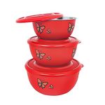 Zaib Stainless Steel Microwave Safe Leak Proof Snack Serving & Food Storage Container with Lid for Kitchen | Euro Bowl Set (3, Red Butterfly Classic Lid)