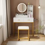 YOURLITE Dressing Table with LED Lights, Vanity Table with Adjustable Brightness Mirror, Makeup Desk with 2 Large Drawers and Hair Dryer Rack, Cushioned Stool, Modern Bedroom Dresser (White)