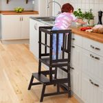 COSYLAND Kids Kitchen Step Stool, Toddler Standing Tower with CPC Certification, Removable Anti-Drop Railing Safety Rail Unique Patented Design A Anti-tip Stable Structure Black Walnut Color