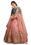 Zeel Clothing Women's Net Embroidered Semi-Stitched Bridal New Lehenga Choli with Dupatta (7315-Peach-Green-Wedding-Latest-Lehenga; Free Size) (Peach)