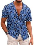 COOFANDY Men Hawaiian Button Down Shirt Short Sleeve Regular Fit Floral Aloha Shirt Royal Blue