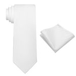 KOOELLE Mens Tie Set Solid Color 3.15" (8CM) Formal Tie and Pocket Square Set For Men, 006-white, Medium