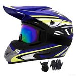 Youth Dirt Bike Helmets Full Face Kids Motocross, Motorcycle, BMX, ATV, Off-Road, Four Wheeler, Moutain Bike Fashion Helmets Boys Girls Dot Approved (Goggles Gloves Faceshield) (Blue, Medium)