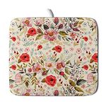 Vintage Flora Dish Drying Mat - Watercolor Abstract Spring Poppies Flowers Red Roses Buds Leaves Print, Washable Absorbent Fabric Dish Drainer Rack Mats for Kitchen Counter , 16x18 Inch, Cream Pink
