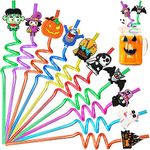 JANYUN Halloween Straws, 20 Pcs Reusable Plastic Crazy Straws Halloween Party Favors for Kids Cute Bats Pumpkin Cat Ghost Drinking Straws Halloween Party Supplies（10 Styles）