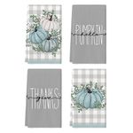 Artoid Mode Grey Eucalyptus Leaves Hello Pumpkin Fall Kitchen Towels Dish Towels, 18x26 Inch Farmhouse Give Thanks Decoration Hand Towels Set of 4