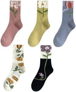 MeganJDesigns Cute Cotton Socks for Women and Girls, 5 Pairs Socks for Sports and Daily Wear, Tulip, 5-9