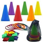 Worown 3 in 1 Kids Carnival Games Set, 31 Pcs Toss Rings with Soft Plastic Cones, Nylon Bean Bags for Outdoor Games & Activities