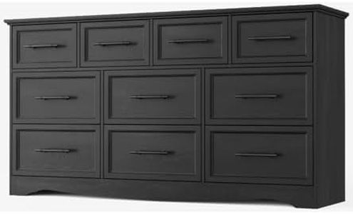 YANSNWO Black Farmhouse Dresser for Bedroom, 59" Wide Chest of Drawers with Brushed Metal Handle, 10 Chest of Drawers, Wood Closet Organizers and Storage Cabinet for Bedroom, Living Room, Hallway