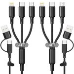 6 in 1 Multi Charging Cable 2Pack 4ft Multi USB Universal Phone Charging Cable, USB A/C to Phone USB C Micro USB Lightning Connector Nylon Braided Charging Cord Compatible with iPhone/Samsung-Black