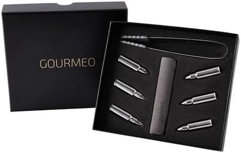 GOURMEO Whisky Stones Gift Set Bullets from Stainless Steel, 6 Pieces, with pince and Velvet Pouch| Drink Rocks, Cooling Whisky Cubes, Reusable Chilling Stones