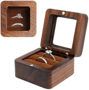 muchly Wooden Ring box，Clear Skylight Ring Case,Solid Wood Square Jewelry Storage Box-ring bearer pillow for Wedding Ceremony, Engagement(Brown velvet)
