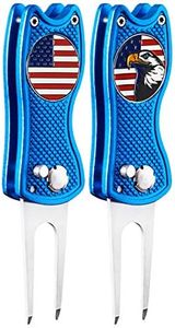 FINGER TEN Golf Divot Repair Tool and Ball Marker Switchblade Value Pack, Foldable Magnetic Stainless Steel with Pop-up Button for Men Women (2 in Blue+2 Ball Marker)