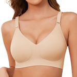 Xnova Womens Bras Seamless Full Coverage Ladies Non Wired Support V Neck Padded Comfort Sleeping Bra Soft T Shirt Bra Wireless Zero Feel Bralettes, Nude, L