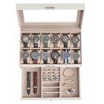 SONGMICS 12-Slot Watch Box, Lockable Watch Case with Glass Lid, 2 Layers, Cloud White Synthetic Leather, Cappuccino Beige Lining UJWB012W01