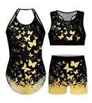 Kinberr Girls Gymnastics Outfit Sparkly 3 Pieces Dance Unitard Biketards Sparkly Butterfly Leotards Bodysuits with Shorts