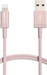 Amazon Basics Nylon USB-A to Lightning Cable Cord, MFi Certified Charger for Apple iPhone, iPad, Rose Gold, 3-Ft