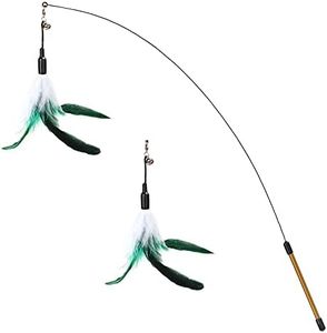 Pawaboo Feather Teaser Cat Toy, Interactive Feather Wand Cat Toy Flying Feather Cat Catcher with Extra Long 34.5" Wand and Small Bell, Fun Exerciser Playing Toy for Kitten or cat, White & Green
