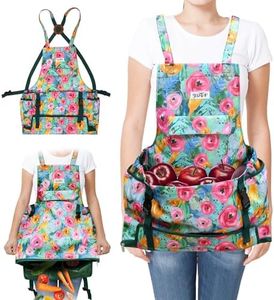 JLDTOP Garden Harvest Apron for Women, Fruit Picking Apron with Quick Release Bottom, Adjustable Cross Back Tool Apron with Pockets, Gardening Gift for Plant Lovers & Gardeners (Green Floral)