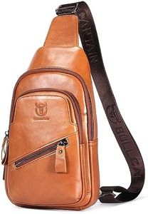 BULLCAPTAIN Mens Leather Sling Bag Backpack Casual Outdoor Shoulder Crossbody Chest Bag with USB Charging Port, Yellow Brown, 12.1inchx7.2inchx3.3inch