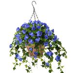 Hanging Basket with Artificial Vine Silk Petunias Flower for Outdoor/Indoor,Artificial Hanging Plant in Basket,Morning Glories Coconut LiningBasket Hanging Plant for Patio Lawn Garden Decor (Blue)