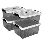 Cetomo 20L*4 Storage Boxes, Carry Plastic Storage Box with Lids, Organizing Container with Handle and Secure Latching Buckles, Stackable, Nestable, Tote Bin for Home Clothes, 20L-4Pack, Clear Black