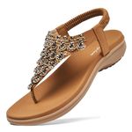 Littleplum Sandals Womens Rhinestone Elastic Strappy Flats T-Strap Thong for Summer Dressy Casual Comfort Walking Shoes Gladiator Sandals Brown Size 8.5