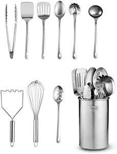 Stainless Steel Kitchen Utensil Set - 10 Piece Premium Non-Stick & Heat Resistant Kitchen Gadgets, Turner, Spaghetti Server, Ladle, Serving Spoons, Whisk, Tungs, Potato Masher and Utensil Holder