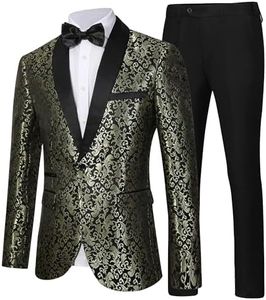 LiveZou Men's Floral Dinner Party Prom Wedding Stylish Tuxedo Suits for Men One Button Dinner Jacket Pants Set, Gold-2 Pieces, Large