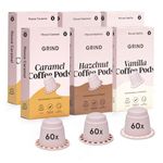 Grind Flavoured Collection of Coffee Pods – Pack of 60 Coffee Capsules – Hazelnut, Vanilla and Caramel – Nespresso® Original Machine Compatible Pods – Home-Compostable Coffee Pods – 100% Arabica