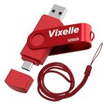 Vixelle 128GB High Speed USB 3.0 Type-C Flash Drive with Lanyard – 2in1 Dual USB C Memory Stick - 360° Swivel Pen Drive with Keychain Loop – 128GB USB Stick for Smartphone, Tablet & Computer - Red