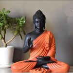 Swadeshi Decors Sitting Buddha Statue for Home & Office Decor, Marble Dust Idol Statue of Resin 15 Inch (Orange & Black)