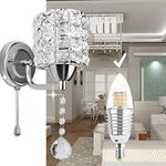 Crystal lamp, Sunsbell Crystal Wall Lamp Warm White Chrome Finish Small Wall Sconce with E14 Bulb Glam Wall Decor for Bathroom Living Room Lighting Fixture Decor (1 Free Bulb)