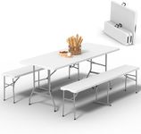 HLPB Folding Table Picnic Table Set, 6 ft Camping Table with 2 Benches, Outdoor Indoor Portable Folding Table for Working Meeting Parties, Camping, Picnic, Weddings w/Handle and Safety Locks, White