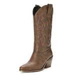 Platikly Brown Cowboy Boots for Women - Mid Calf Western Cowgirl Boots with Embroidery, Women's Country Boots, Pointed Toe Chunky Heel Pull On Retro Booties, Fashion Classic Ladies Short Boots US 5