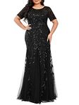 Ever-Pretty Plus Women's Glitter Round Neck Short Sleeves Embroidery Mermaid Plus Size Formal Dresses 07708-DA, Black, 24