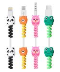 ONCRO® Pack of 8 Cute Cartoon Cable Protectors with Creative Animal face Cover Spiral Charger USB Cable Protector Silicon Wire Saver Spring Soft Multicolor Black Pink Green Yellow Panda Lion owl Frog