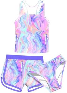 uideazone 15-16 Years Teen Girls 3 Piece Bathing Suits 3D Printed Hawaiian Tropical Theme Swimsuit with Shorts Summer Marbling Bikini Swimwear Sets for Vacation