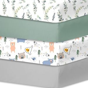 Bimocosy Fitted Sheet for Baby Cot Bed 60 x 120 cm, 100% Microfibre, Oeko-Tex Standard 100 Certified, Pack of 4, Leaves, Green, Bear, Grey