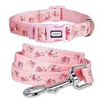 YUDOTE Puppy Collar and Lead Set,Strong Nylon Collar Leash Matching Kit for Extra Small Active Female Dogs Daily Use,Floral Pink