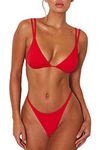 ForBeautyShe Women's Sexy Thong Bottom Two Piece Bikini Double Shoulder Straps Cute Swimsuit Triangle Bathing, Red, Medium