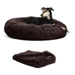 Best Friends by Sheri Bundle Set The Original Calming Shag Donut Cuddler Cat and Dog Bed + Pet Throw Blanket Dark Chocolate Large 36" x 36"
