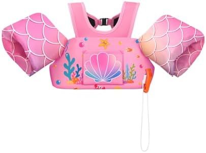 HeySplash Toddler Swim Vest, Toddler Floaties Fit 22-55 Lbs, Children Swimming Jacket with Adjustable Buckles, Kids Floaties Swim Jacket Arm Water Wings with Pocket, Pool Sea Swimming Aid, Pink