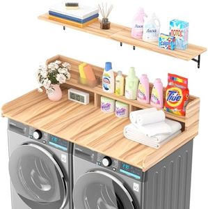 Kikihouse Washer Dryer Countertop, Laundry Counter Top Over Machines, Washer Dryer Topper for Storage, 2 Tier Wood Shelf Topper with Storage Space for Small Apartment (Wood, 53.9 * 27.5 * 12)