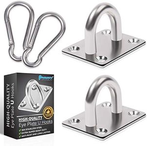 2PCS M8 Premium Heavy Duty Square Stainless Steel Pad Eye Hooks + 2PCS Snap Hooks and 8PCS Screws with 8PCS Plastic Expansion Tube, Ceiling Hooks for Outdoor Indoor Activity