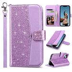 ULAK Compatible with iPhone 13 Wallet Case for Women, Premium PU Leather Flip Cover with Card Holder and Kickstand Feature Protective Phone Case Designed for iPhone 13 6.1 Inch (Purple Glitter)