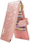 Womens RFID Blocking Pink Glitter Leather Multi Card Organizer Bifold Pink Wallet with Zipper Pocket,Rose Gold