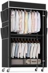 Homdox Rolling Garment Rack with Cover, Heavy Duty Clothing Rack for Hanging Clothes, Portable Closet Wardrobe with Adjustable Shelves, Double Rods Garment Rack with wheels, Black Oxford Fabric Cover