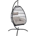 Sunnydaze Oliver Resin Wicker Hanging Egg Chair with Gray Cushions and Steel Stand - 265-Pound Weight Capacity - 76 Inches H